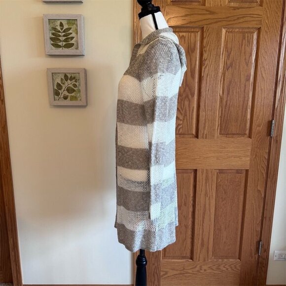 AGB Women's Hooded Longline Cardigan Tan Cream Striped Knit Sweater L - Picture 4 of 8